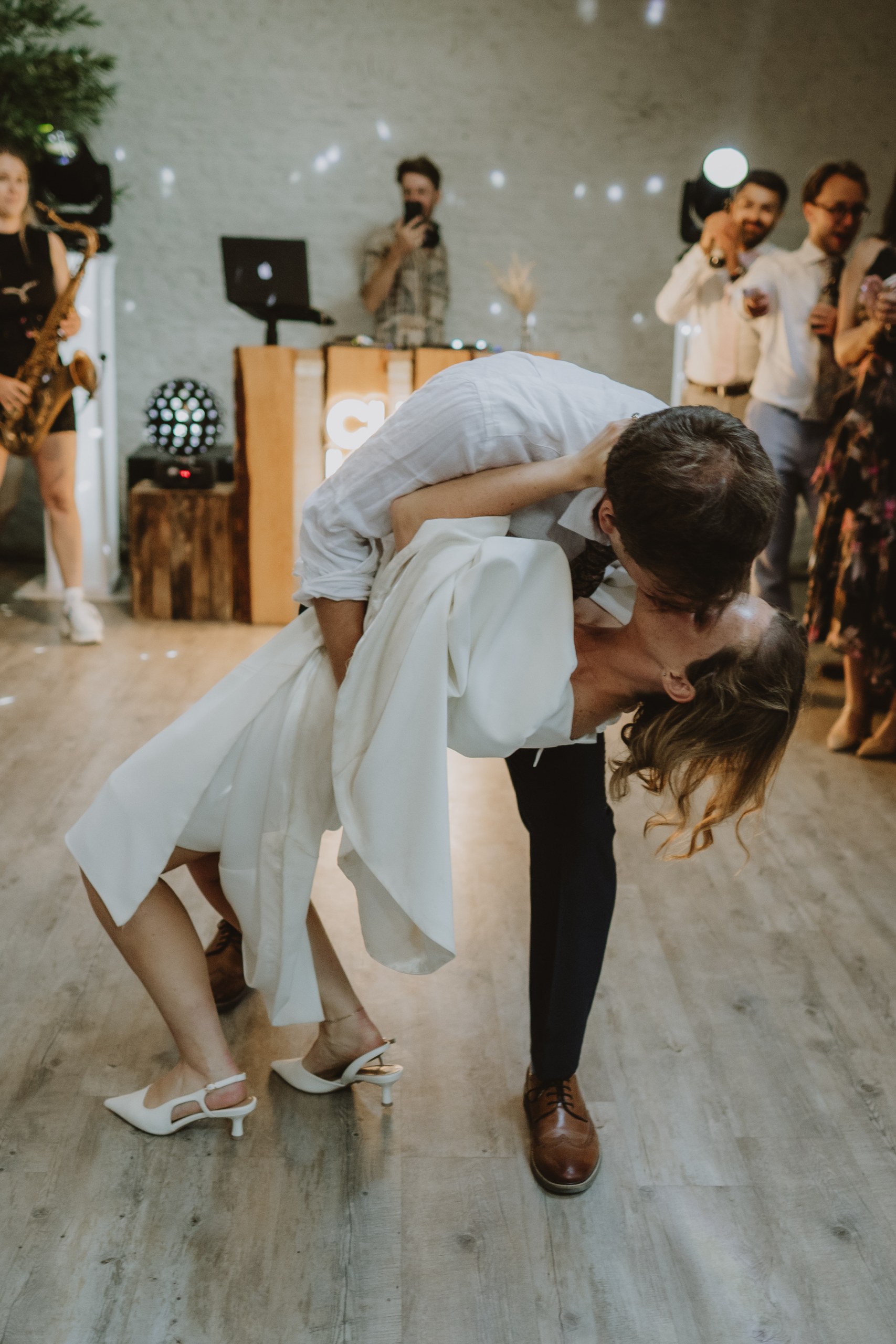 A couple enjoying their first dance at Stratton Court Barn